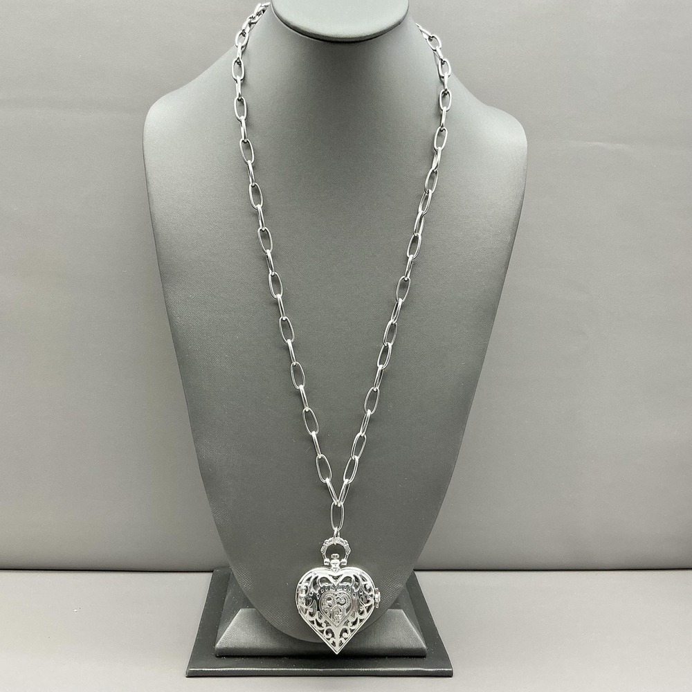 Necklace Silver Tone Heart Locket Quartz Watch Pendant Statement NEW BATTERY